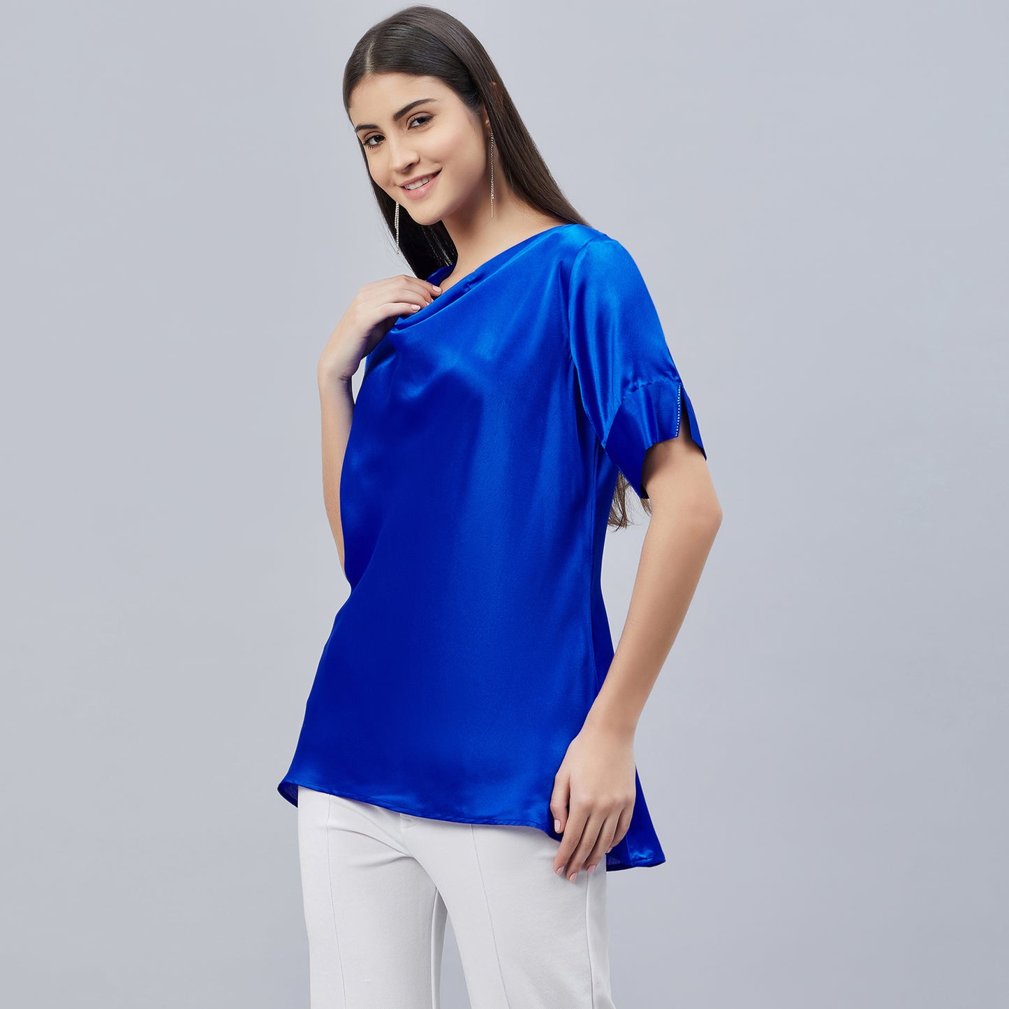 Cobalt Blue Cowl Neck Embellished Satin Shirt
