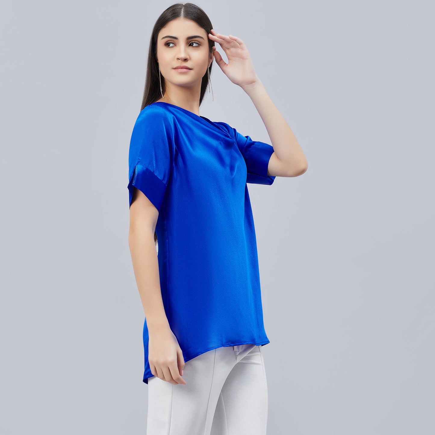 Cobalt Blue Cowl Neck Embellished Satin Shirt