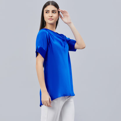 Cobalt Blue Cowl Neck Embellished Satin Shirt
