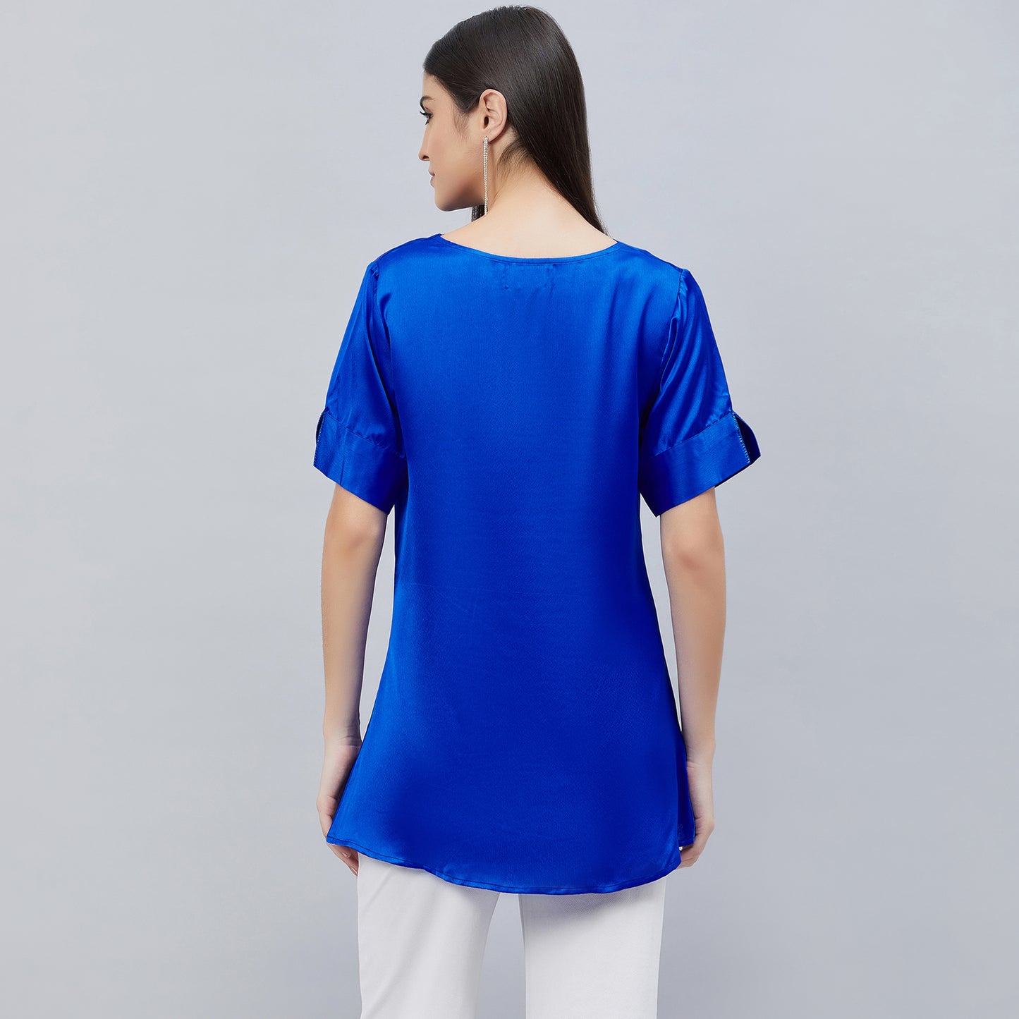 Cobalt Blue Cowl Neck Embellished Satin Shirt