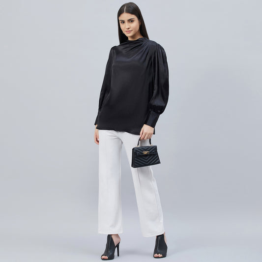 Black Shoulder Pleated Embellished Satin Shirt