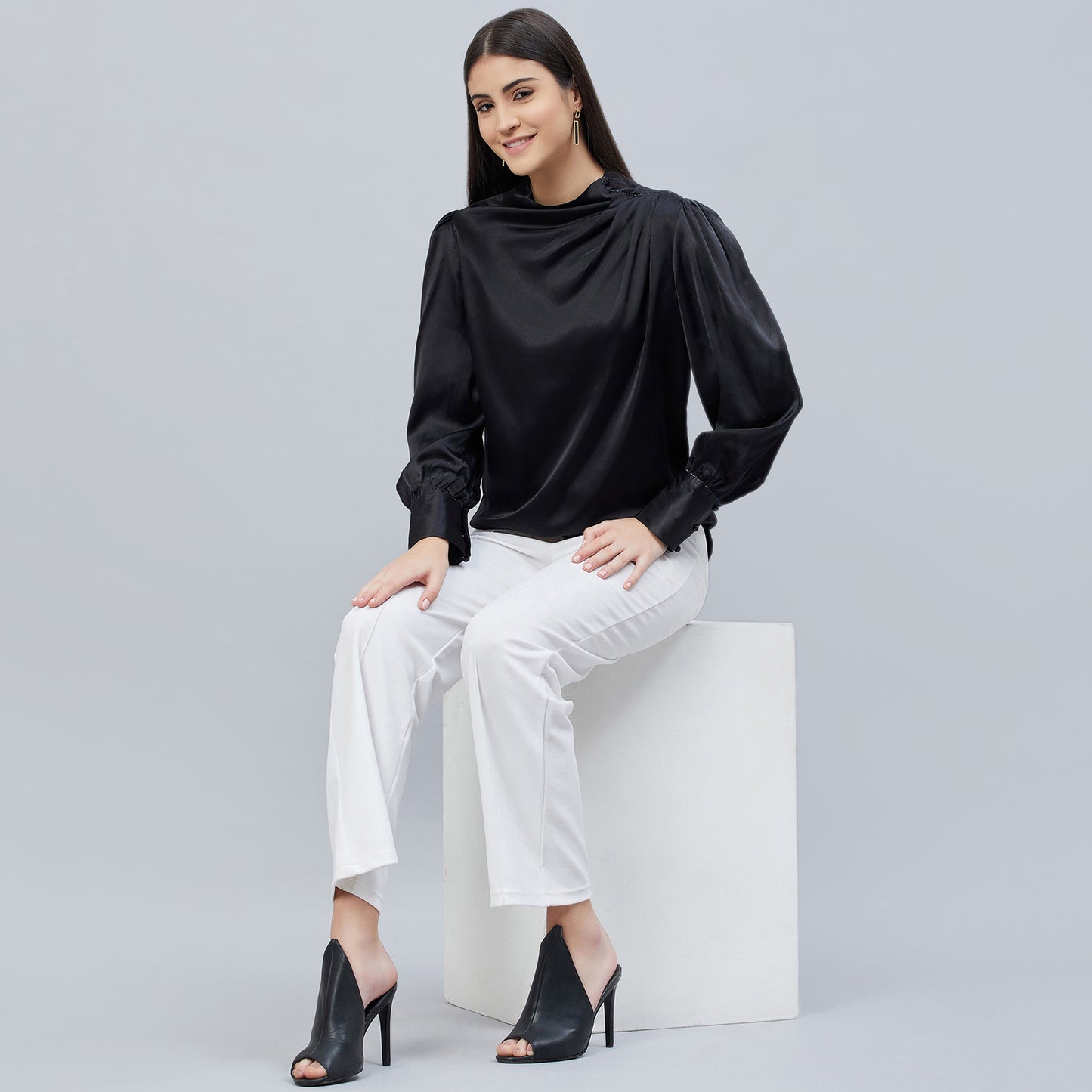 Black Shoulder Pleated Embellished Satin Shirt