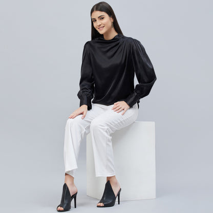 Black Shoulder Pleated Embellished Satin Shirt