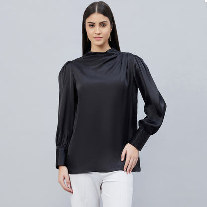 Black Shoulder Pleated Embellished Satin Shirt