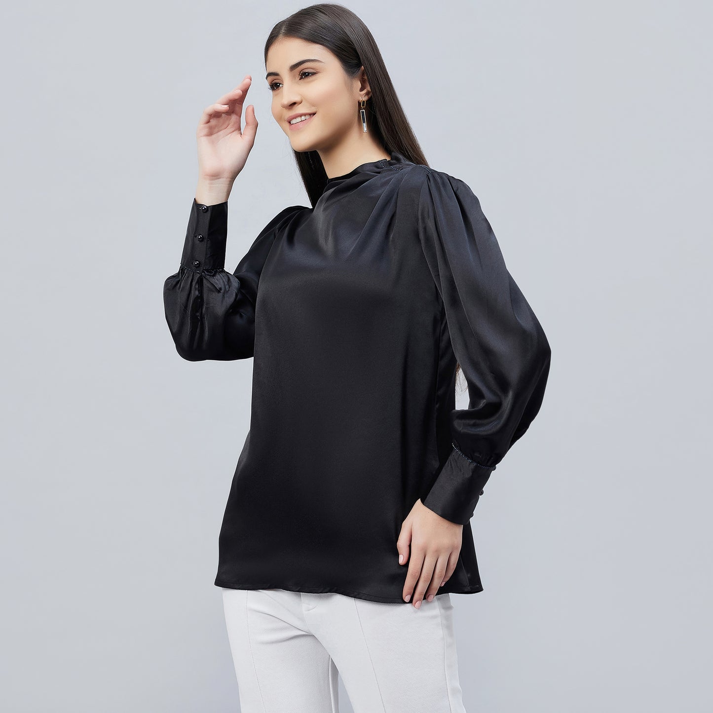 Black Shoulder Pleated Embellished Satin Shirt