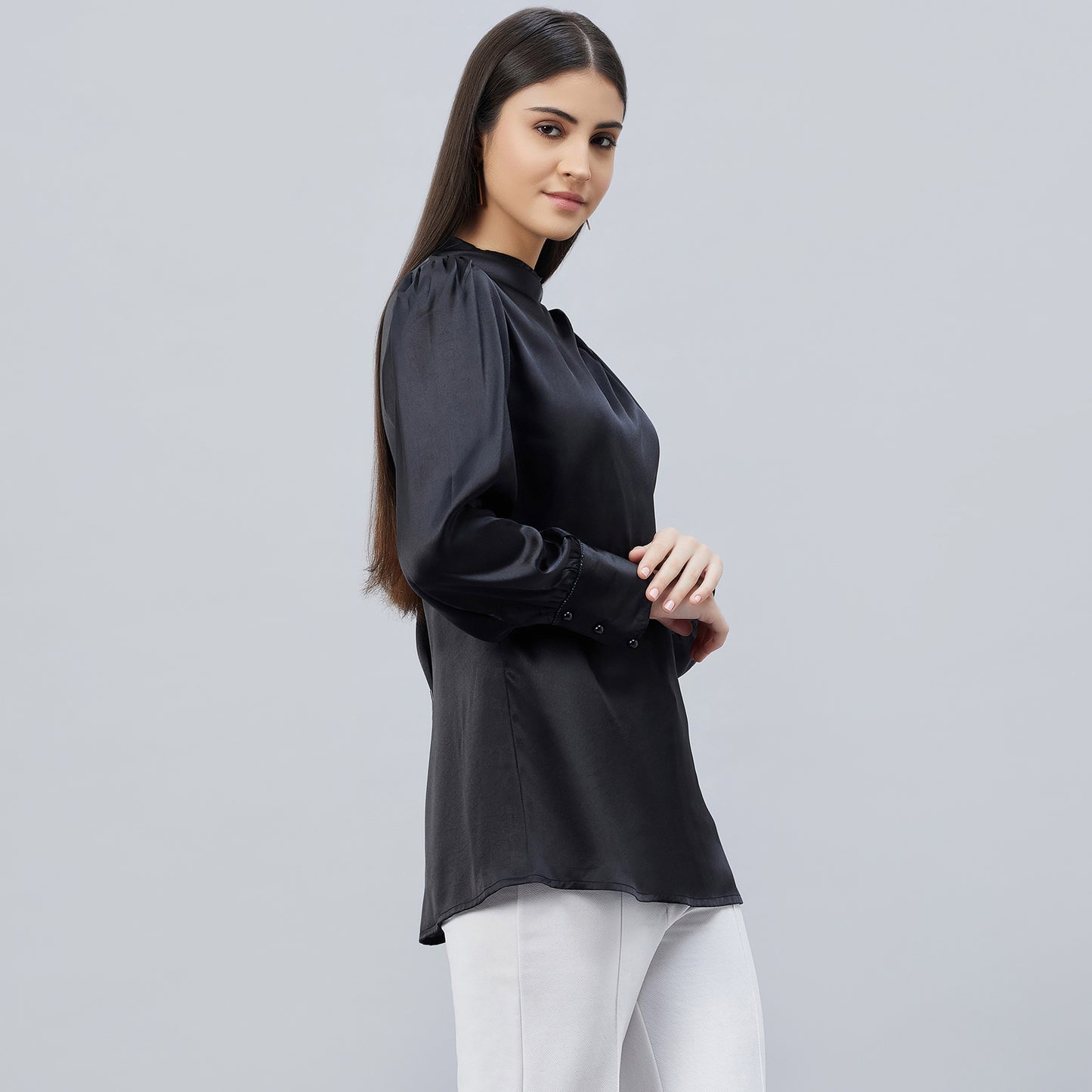 Black Shoulder Pleated Embellished Satin Shirt