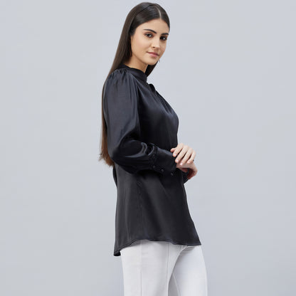 Black Shoulder Pleated Embellished Satin Shirt
