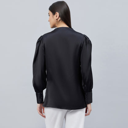 Black Shoulder Pleated Embellished Satin Shirt