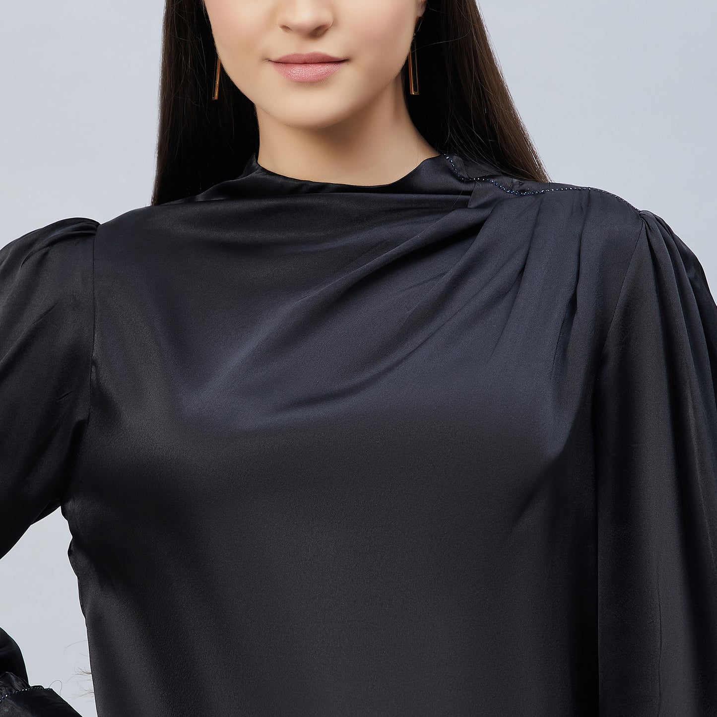 Black Shoulder Pleated Embellished Satin Shirt
