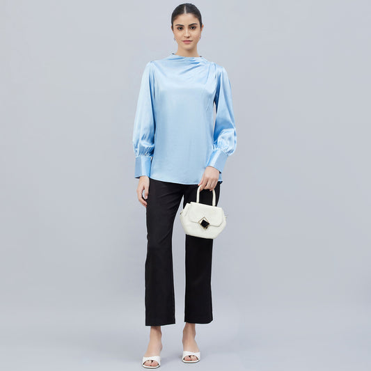 Blue Shoulder Pleated Embellished Satin Shirt