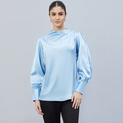 Blue Shoulder Pleated Embellished Satin Shirt