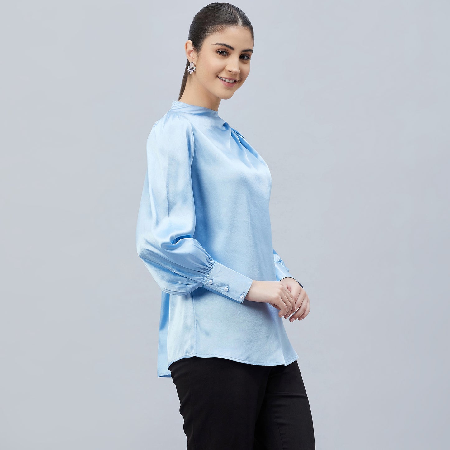 Blue Shoulder Pleated Embellished Satin Shirt
