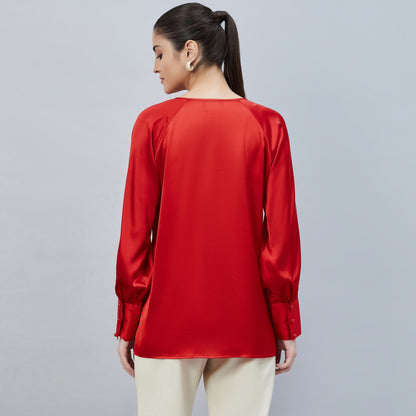 Red Keyhole Embellished Satin Shirt
