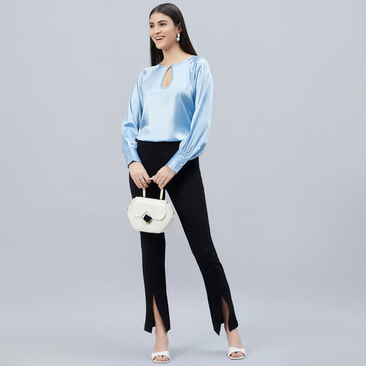 Sky Blue Keyhole Embellished Satin Shirt