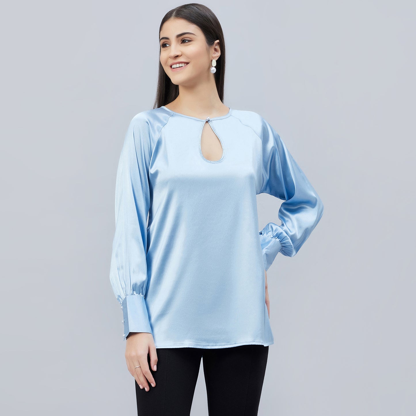 Sky Blue Keyhole Embellished Satin Shirt