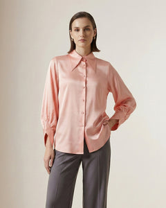 Pink Long Collar Embellished Satin Shirt