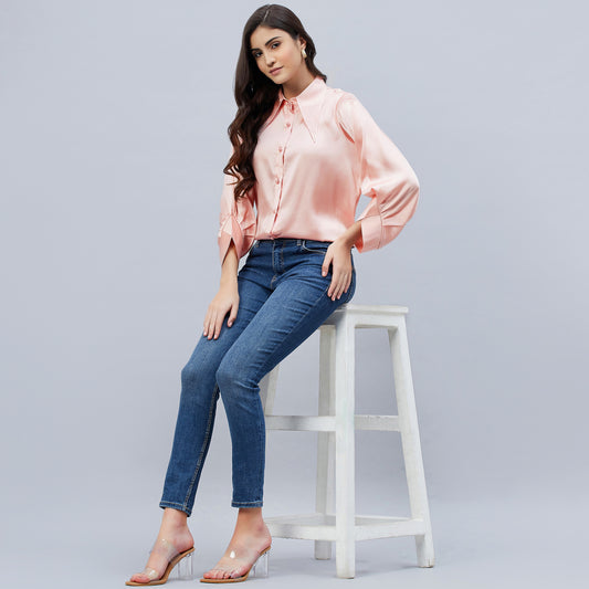 Pink Long Collar Embellished Satin Shirt