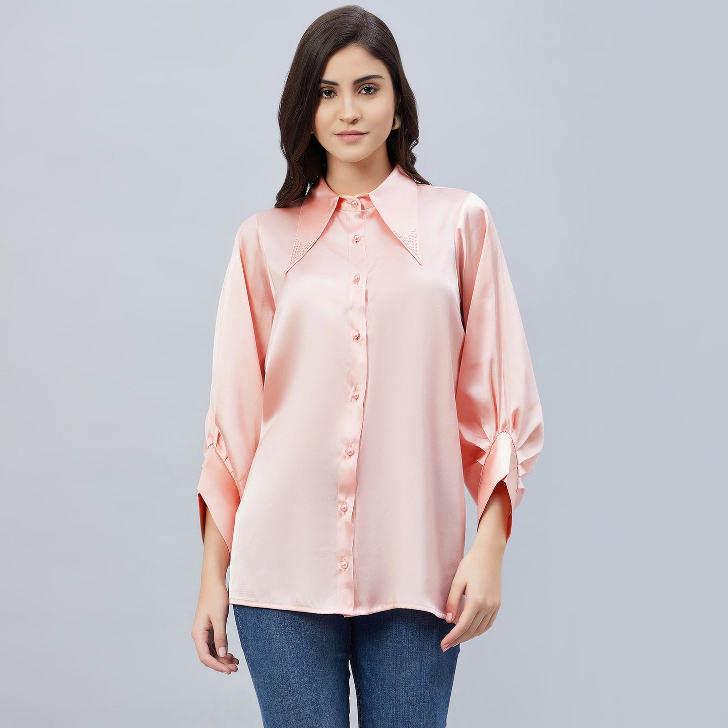 Pink Long Collar Embellished Satin Shirt