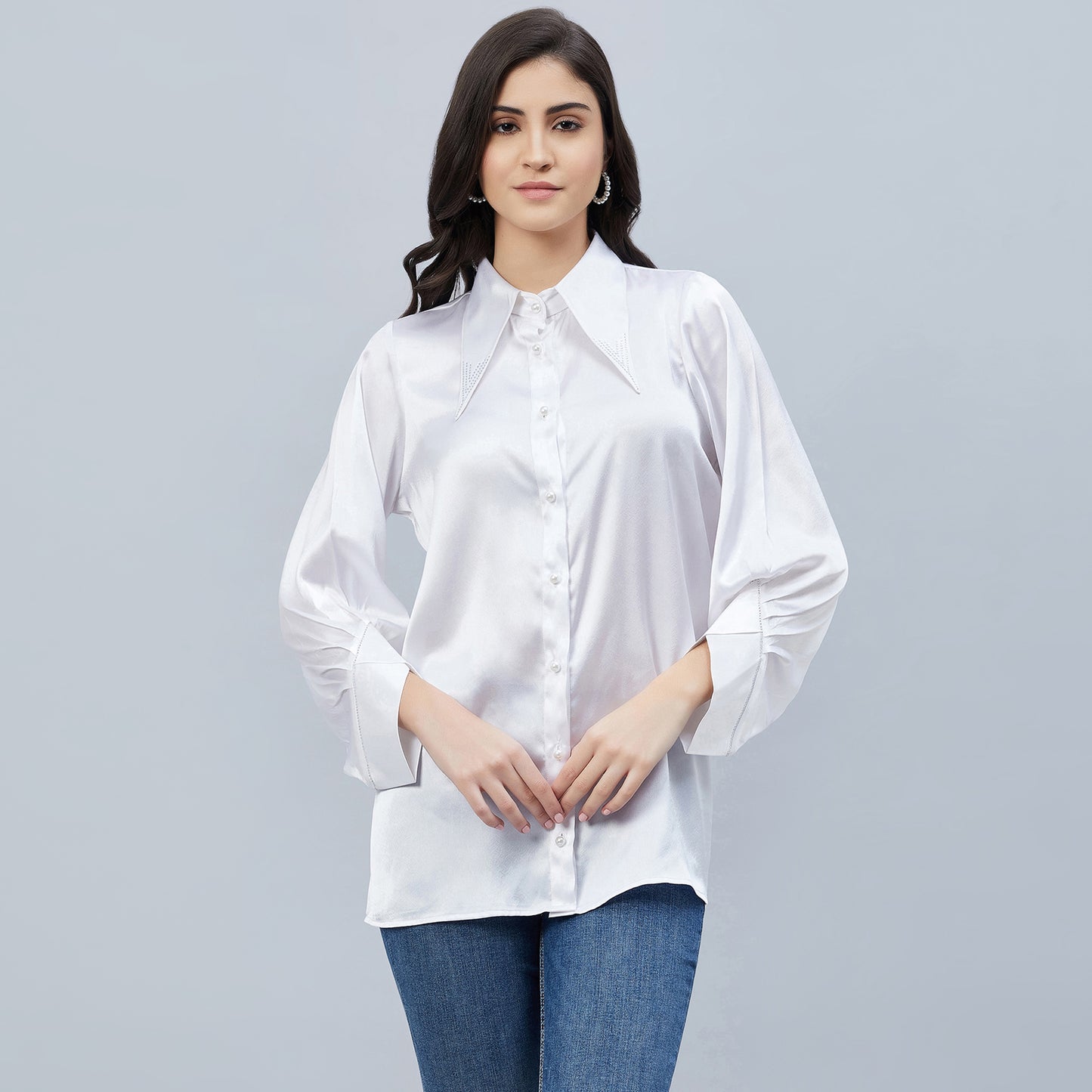 White Long Collar Embellished Satin Shirt