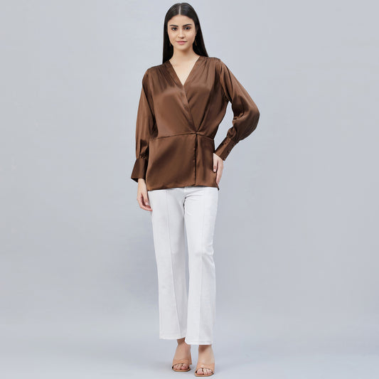 Brown Wrap Embellished Satin Shirt