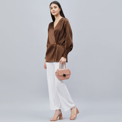 Brown Wrap Embellished Satin Shirt