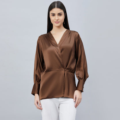 Brown Wrap Embellished Satin Shirt