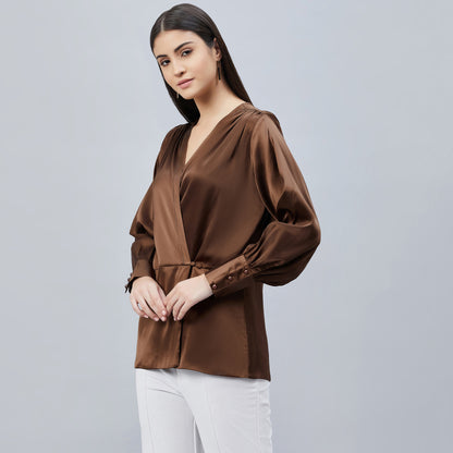 Brown Wrap Embellished Satin Shirt
