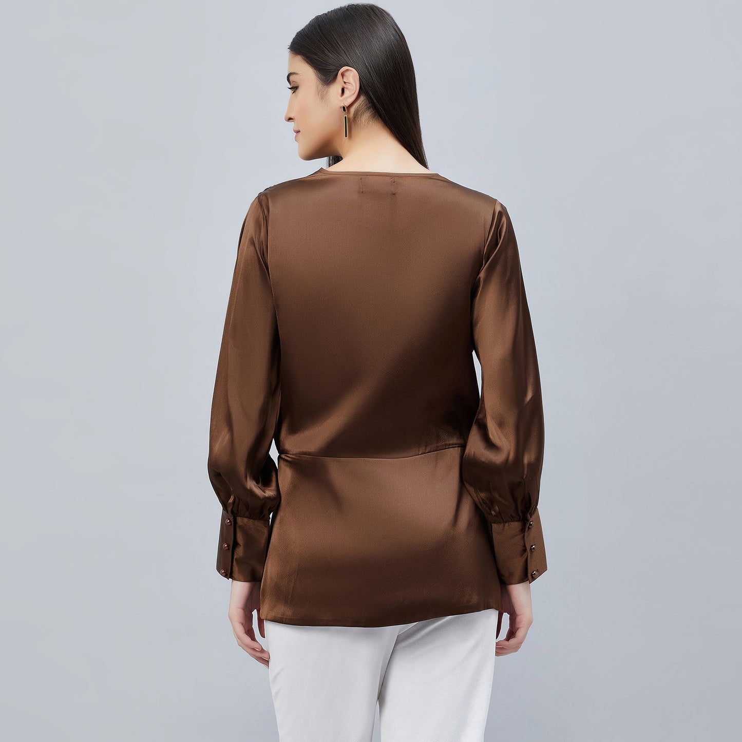 Brown Wrap Embellished Satin Shirt