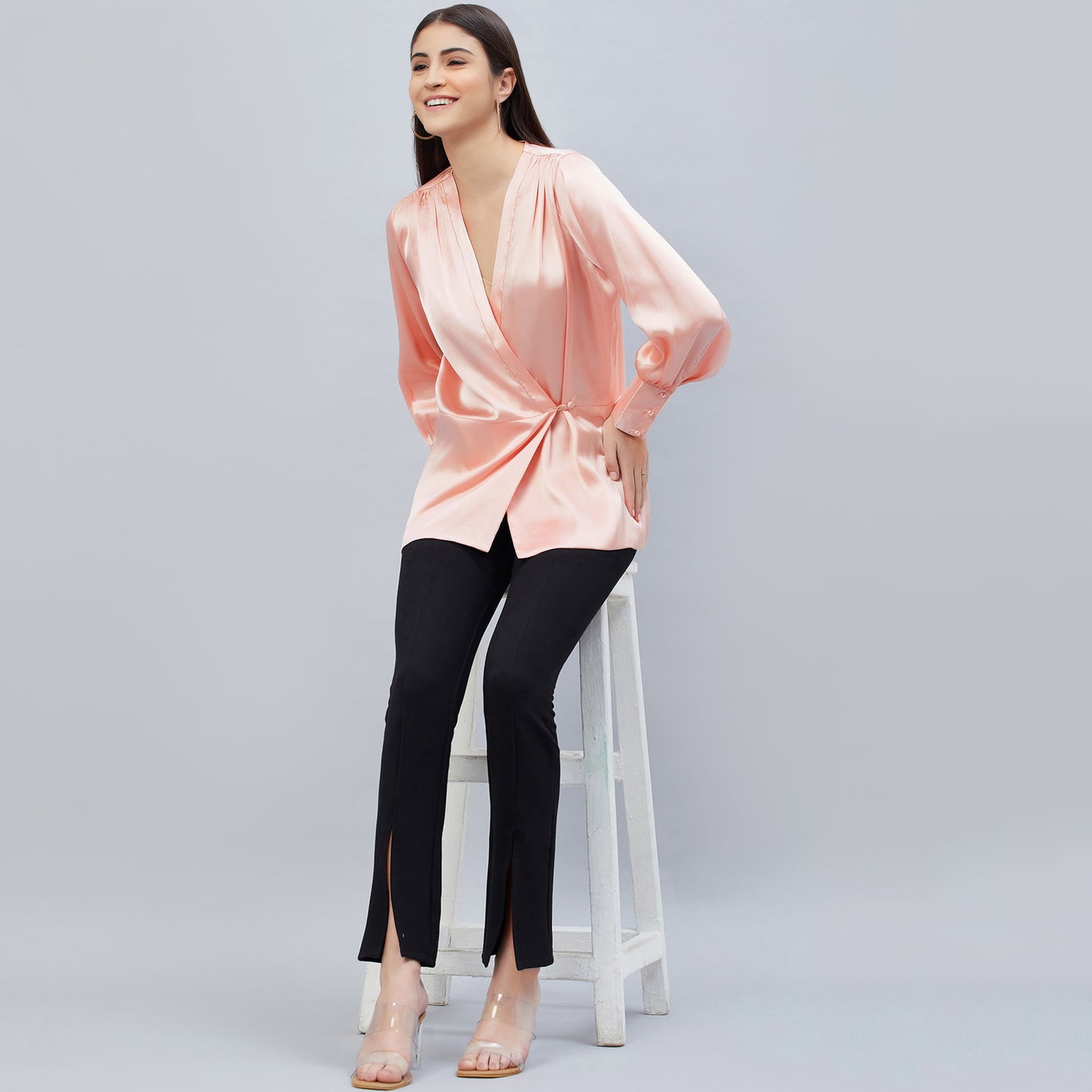Pink Wrap Embellished Satin Shirt