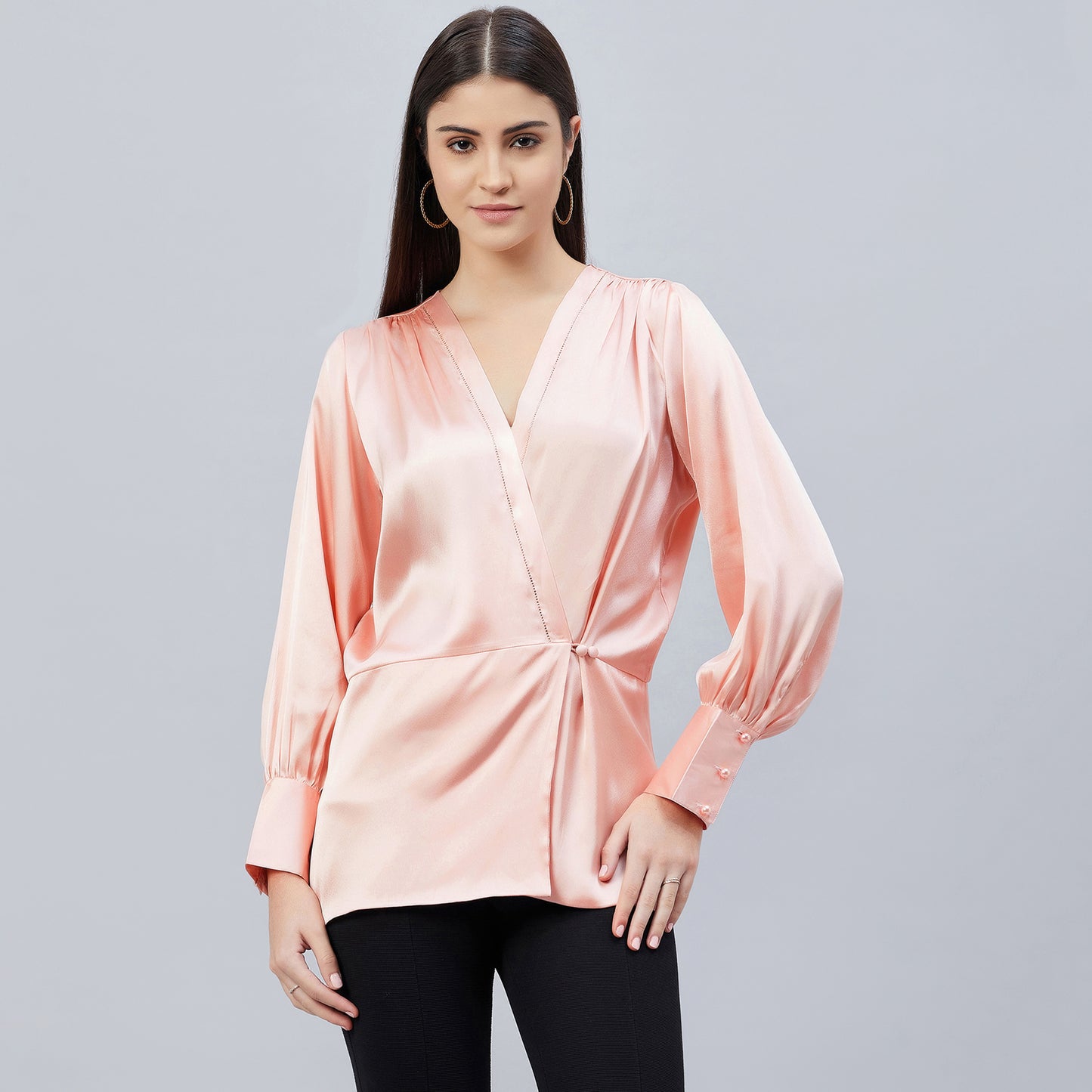 Pink Wrap Embellished Satin Shirt