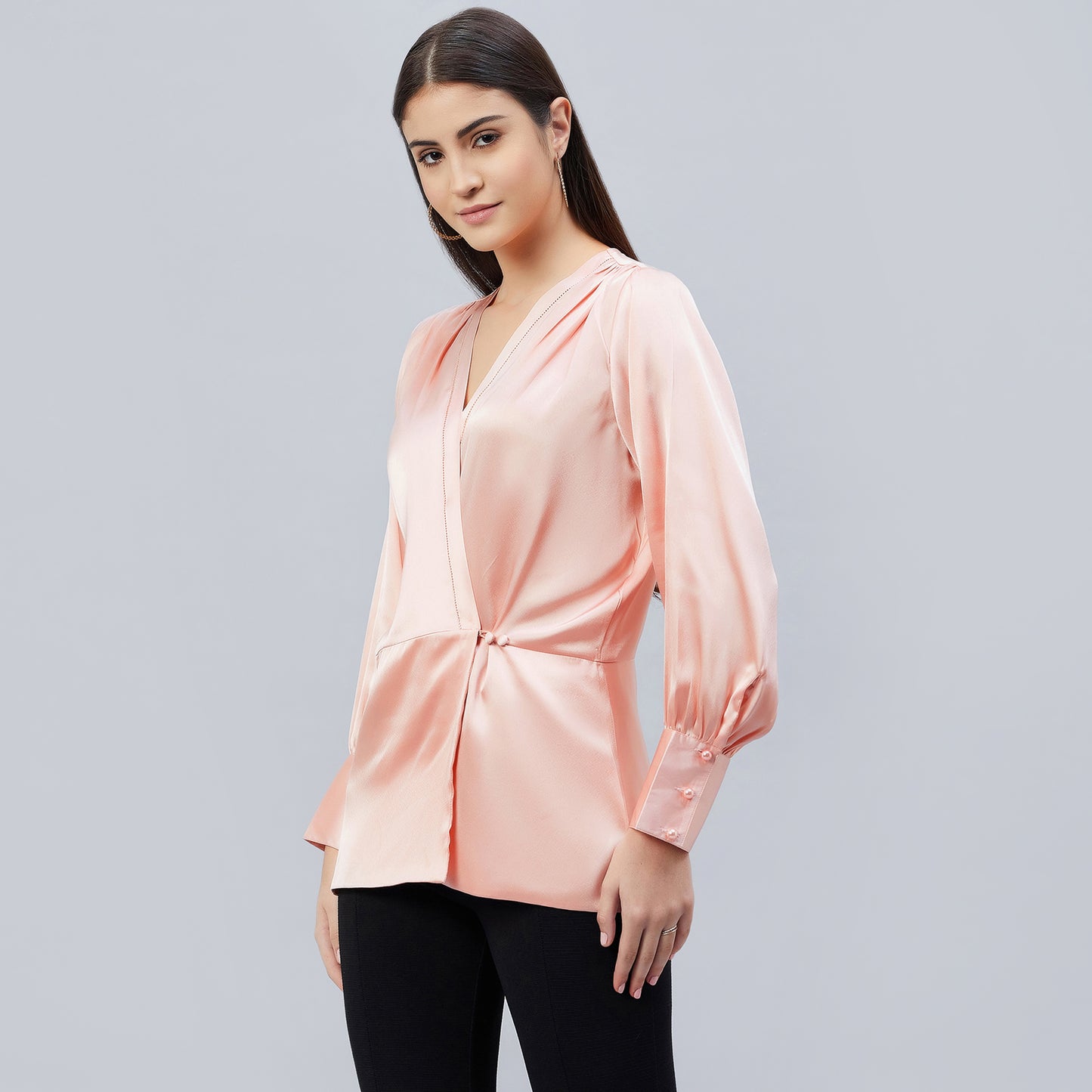Pink Wrap Embellished Satin Shirt