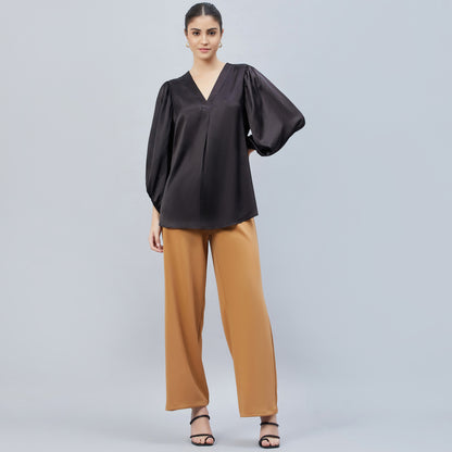 Black V-Neck Embellished Satin Shirt
