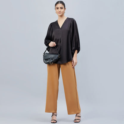 Black V-Neck Embellished Satin Shirt
