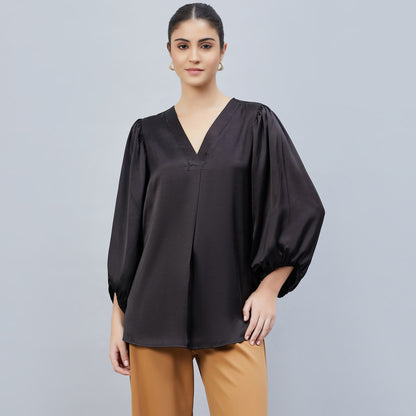 Black V-Neck Embellished Satin Shirt