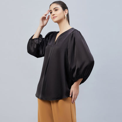 Black V-Neck Embellished Satin Shirt