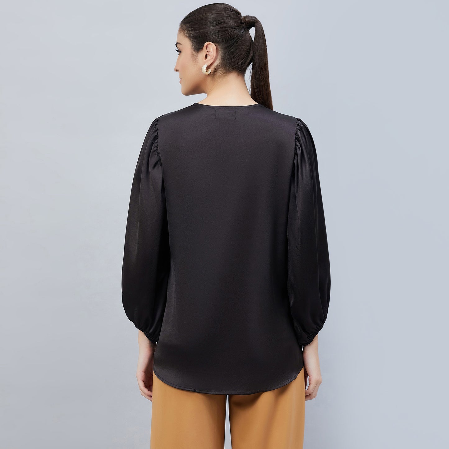 Black V-Neck Embellished Satin Shirt