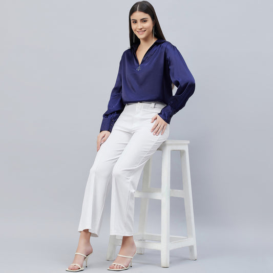 Navy Blue V-Neck Gathered Embellished Satin Shirt