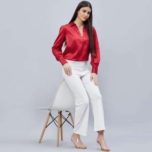 Red V-Neck Gathered Embellished Satin Shirt