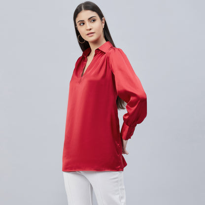 Red V-Neck Gathered Embellished Satin Shirt