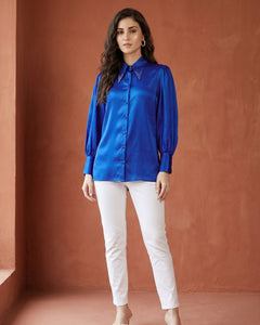Cobalt Blue Shirt Collar Embellished Satin Shirt