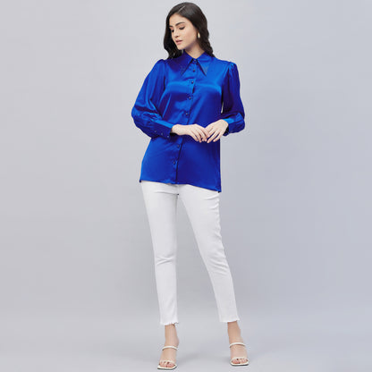 Cobalt Blue Shirt Collar Embellished Satin Shirt