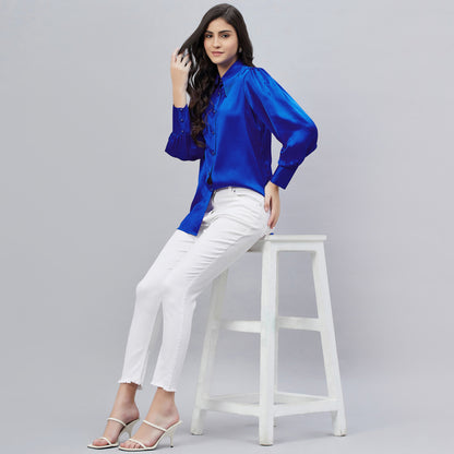 Cobalt Blue Shirt Collar Embellished Satin Shirt