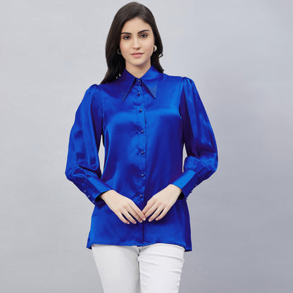 Cobalt Blue Shirt Collar Embellished Satin Shirt