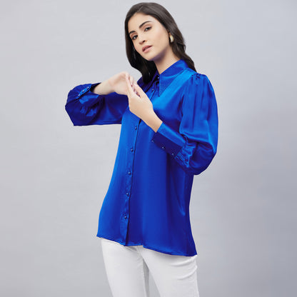 Cobalt Blue Shirt Collar Embellished Satin Shirt