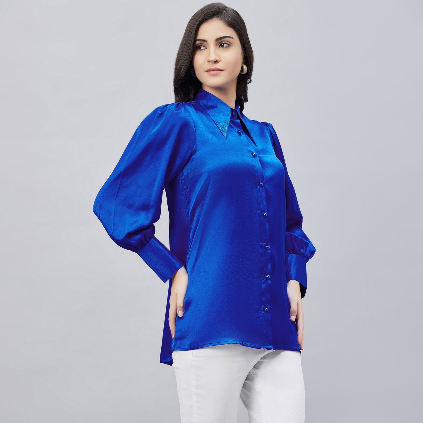 Cobalt Blue Shirt Collar Embellished Satin Shirt