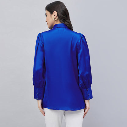 Cobalt Blue Shirt Collar Embellished Satin Shirt