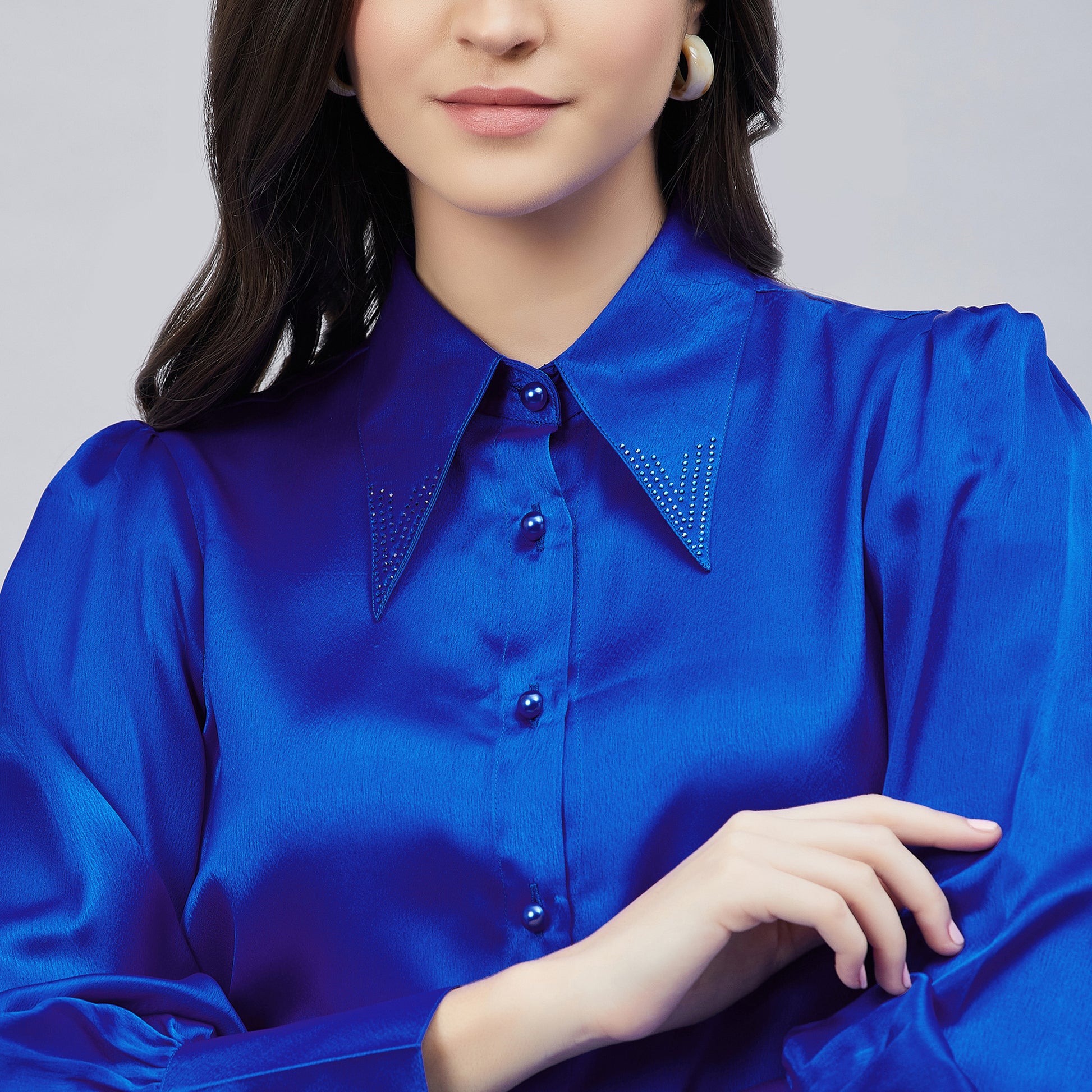 Cobalt Blue Shirt Collar Embellished Satin Shirt – First Resort by