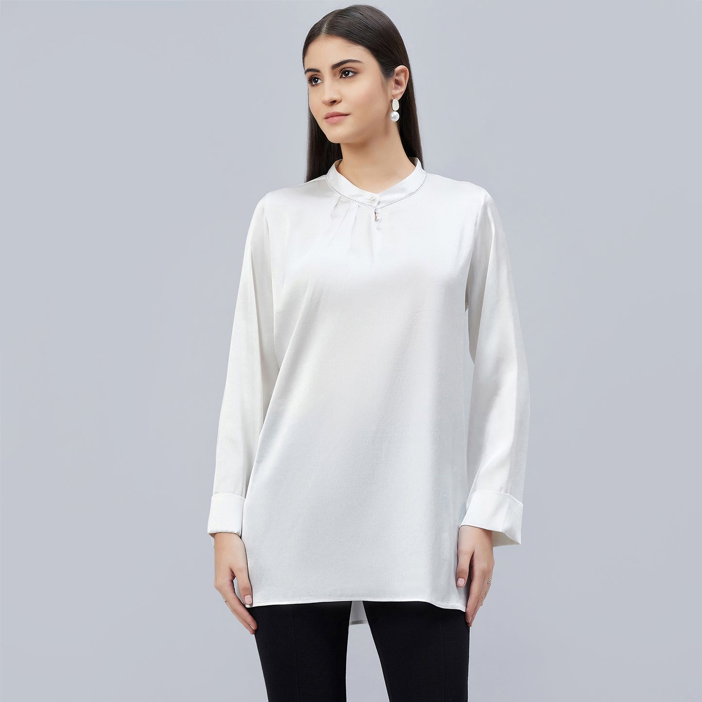 White One Side Pleated Embellished Satin Shirt