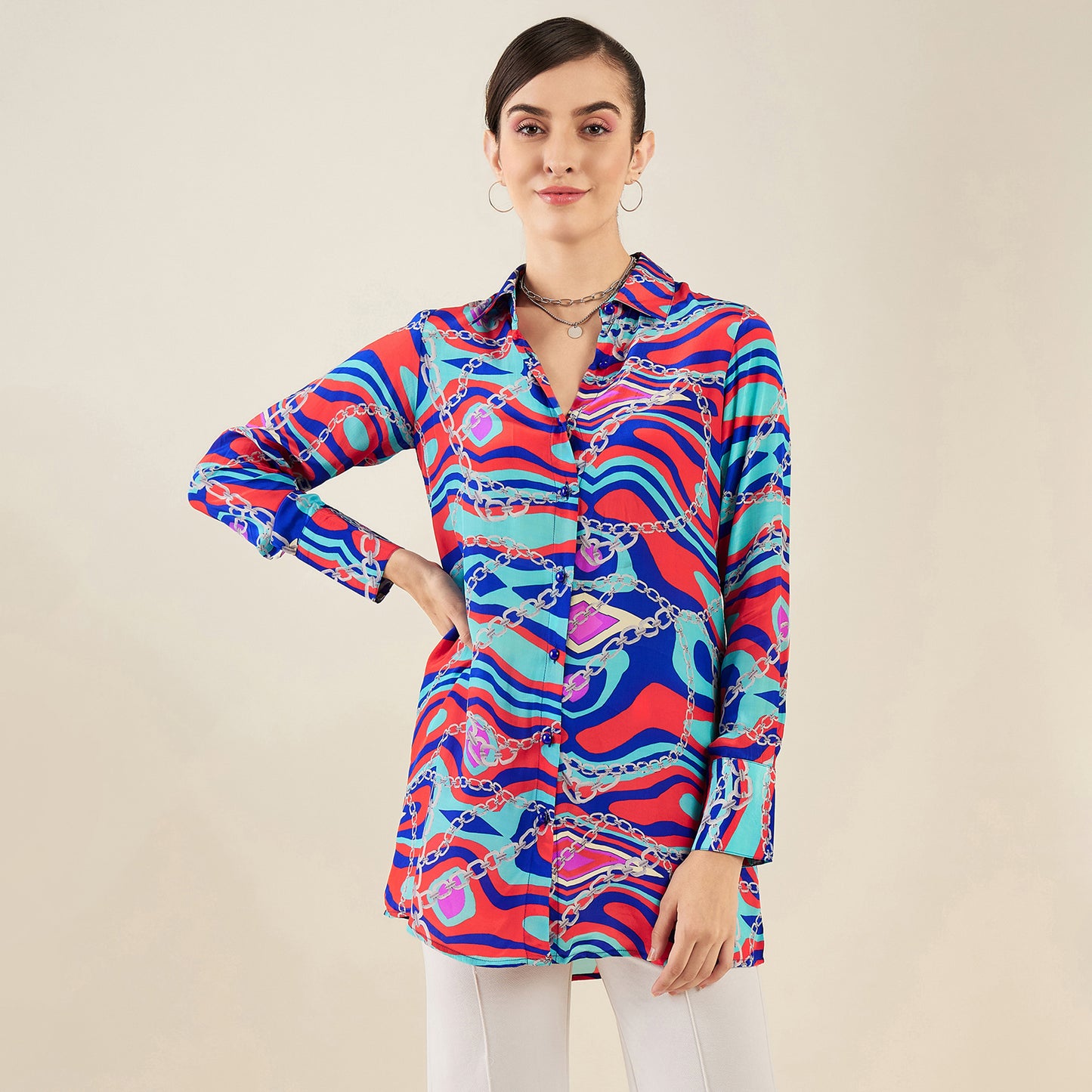 Blue and Red Marine Wave Print Shirt