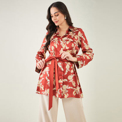 Red Baroque Print Shirt with Belt